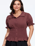 Puff Sleeve Shirred Waist Button Down Blouse
