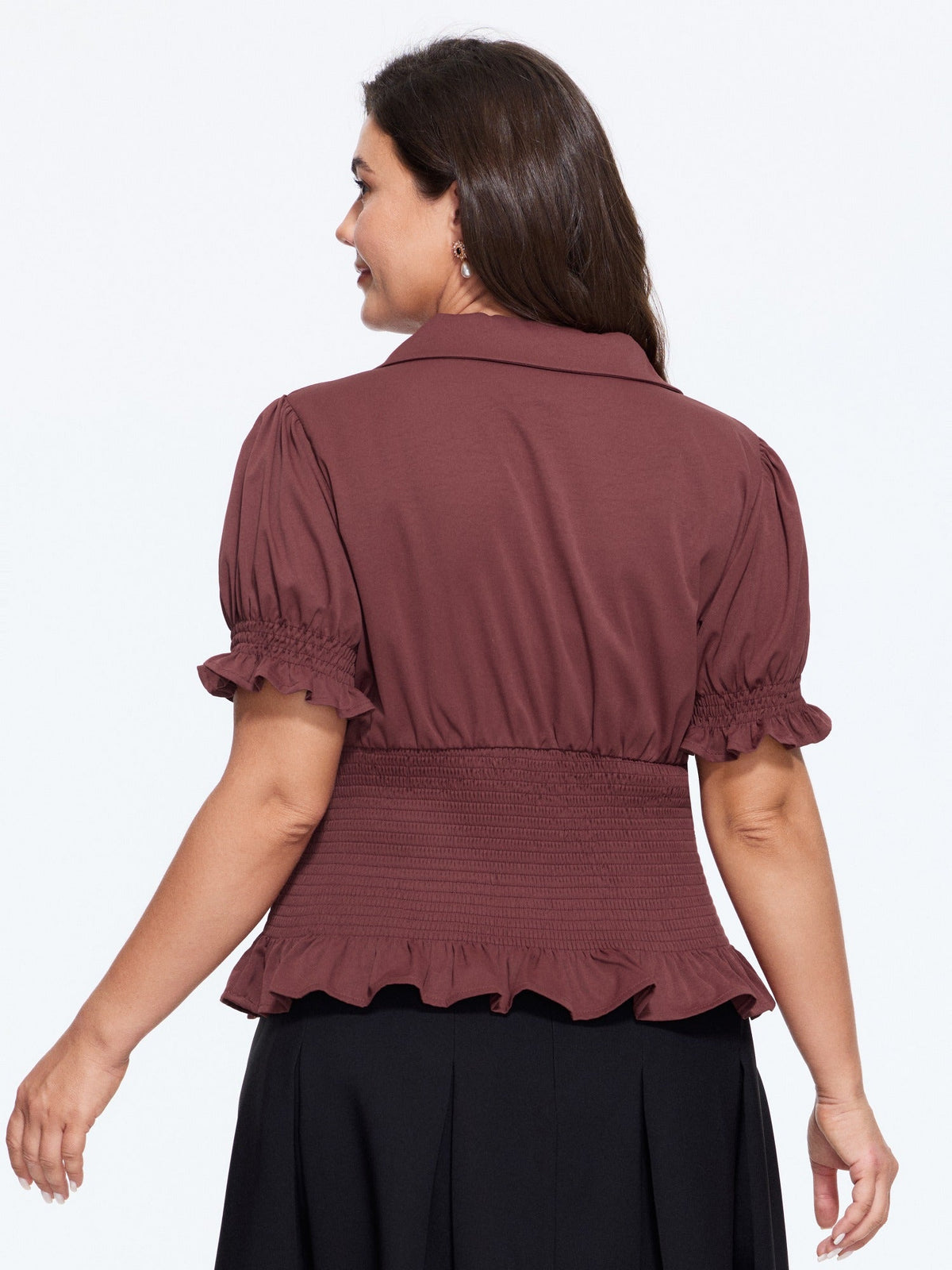 Puff Sleeve Shirred Waist Button Down Blouse
