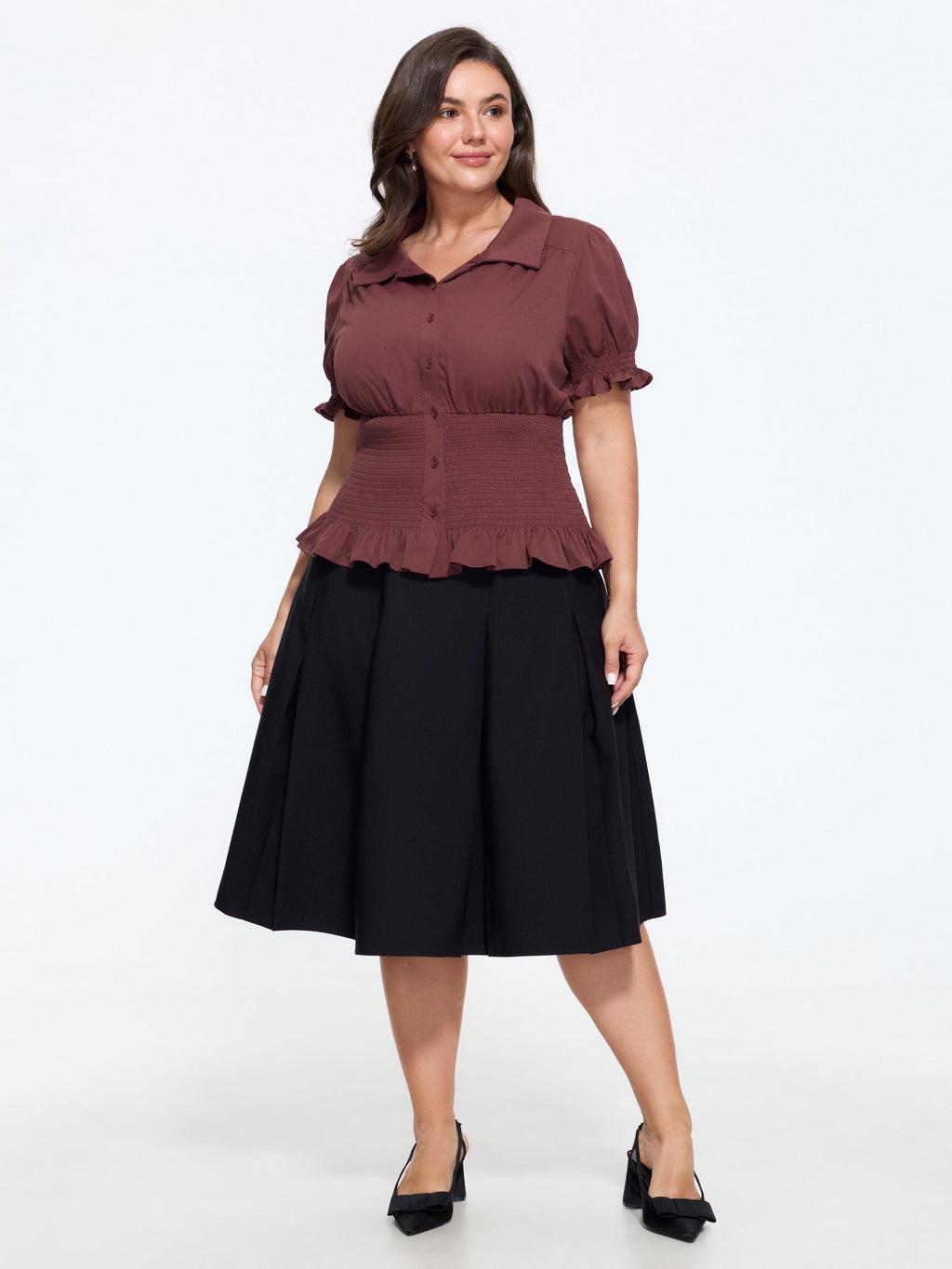 Puff Sleeve Shirred Waist Button Down Blouse
