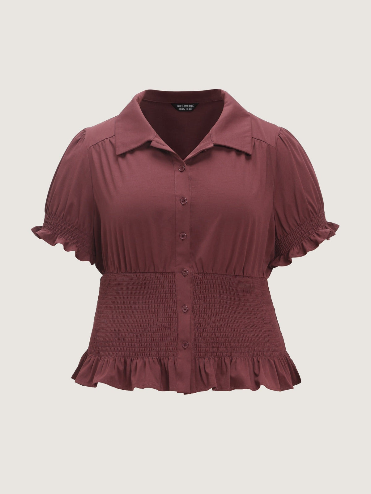 Puff Sleeve Shirred Waist Button Down Blouse