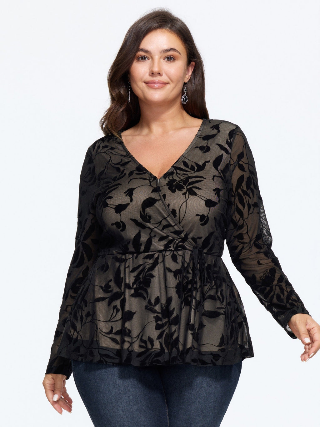 Stretch Floral Flocked Mesh Tie Waist Top