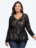 Stretch Floral Flocked Mesh Tie Waist Top