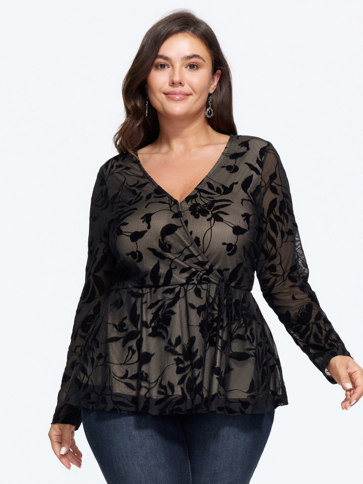Stretch Floral Flocked Mesh Tie Waist Top