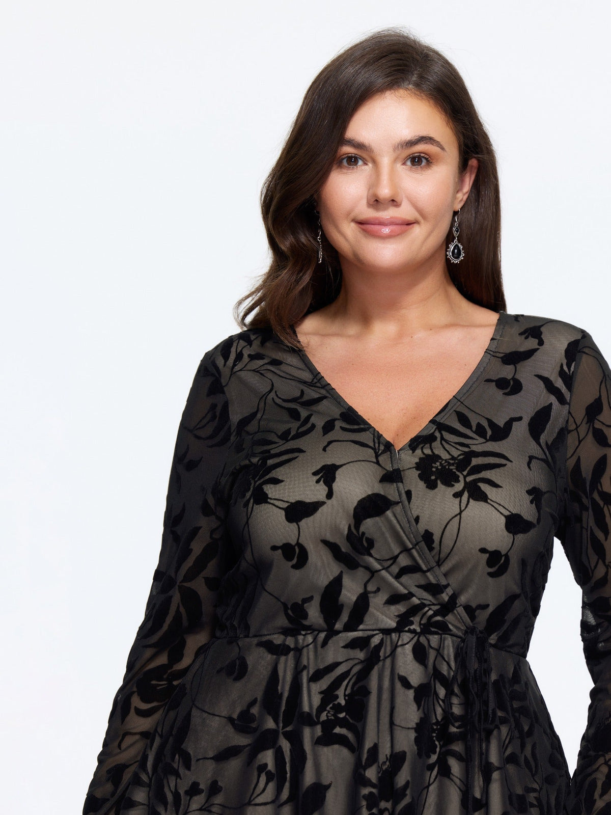 Stretch Floral Flocked Mesh Tie Waist Top