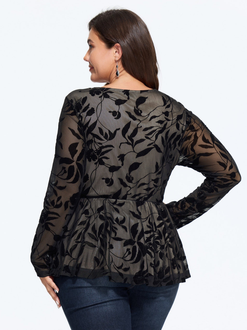 Stretch Floral Flocked Mesh Tie Waist Top