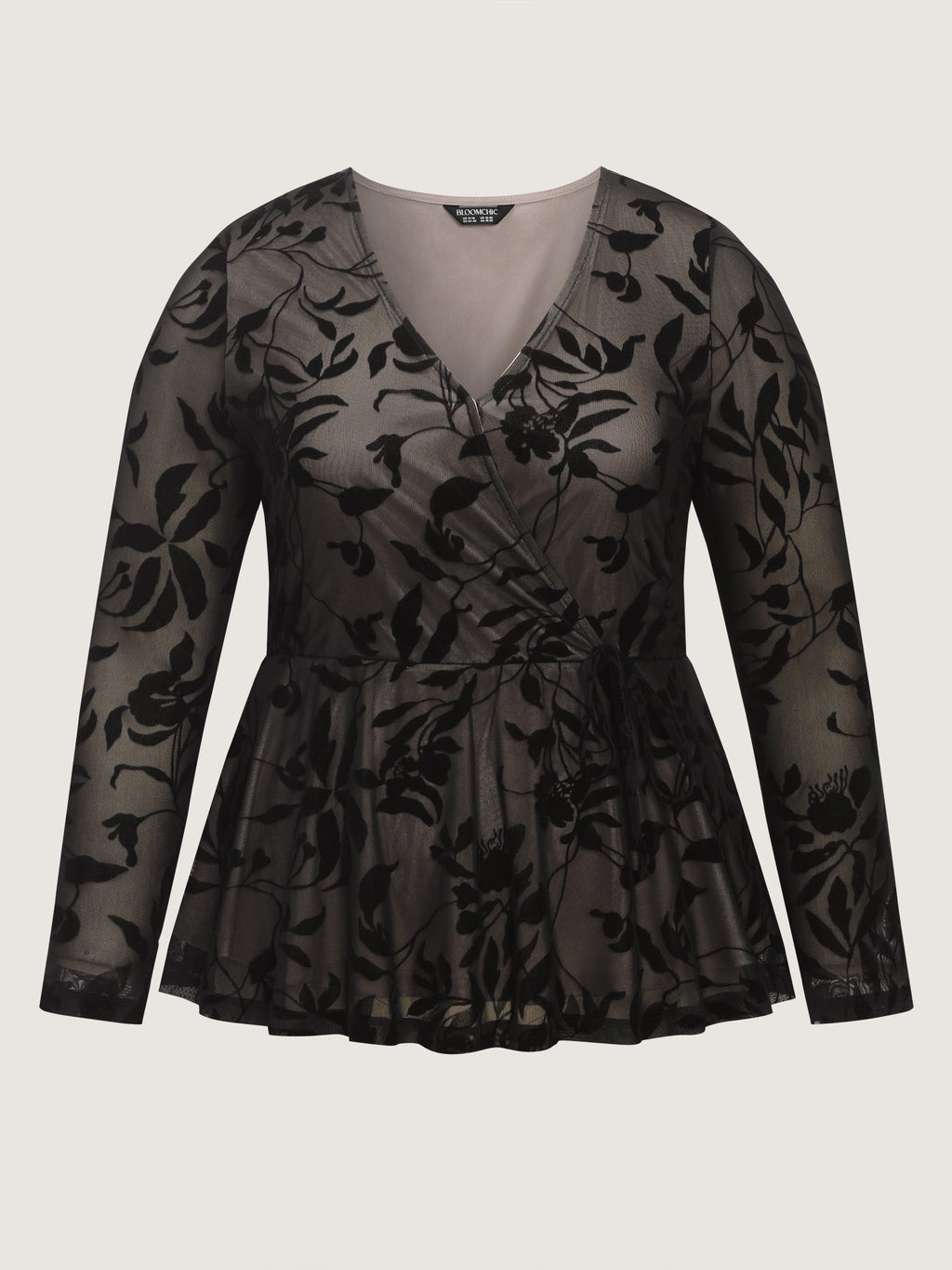 Stretch Floral Flocked Mesh Tie Waist Top