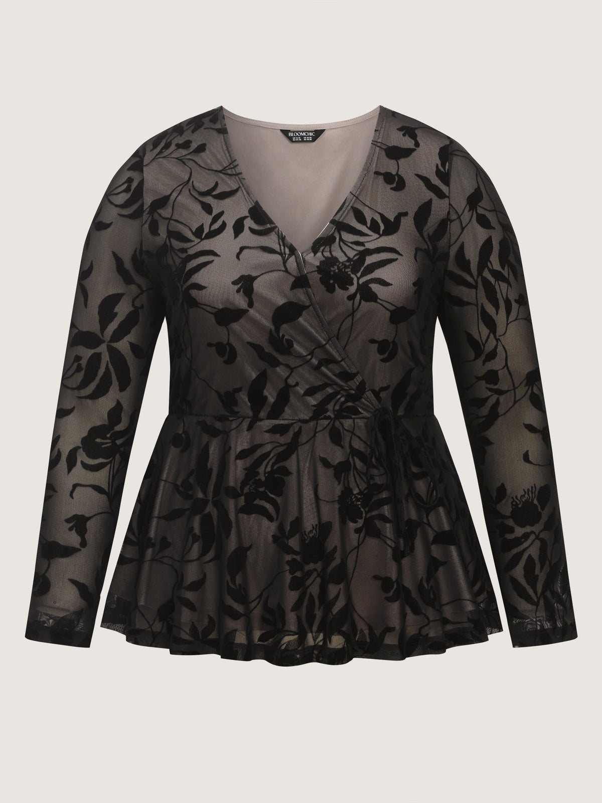 Stretch Floral Flocked Mesh Tie Waist Top