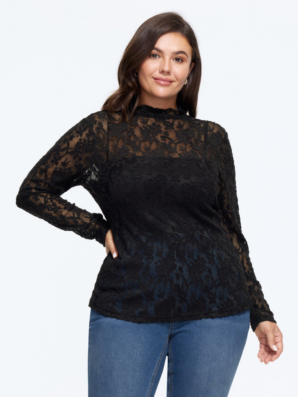 Mock Neck Floral Sheer Lace Mesh Top