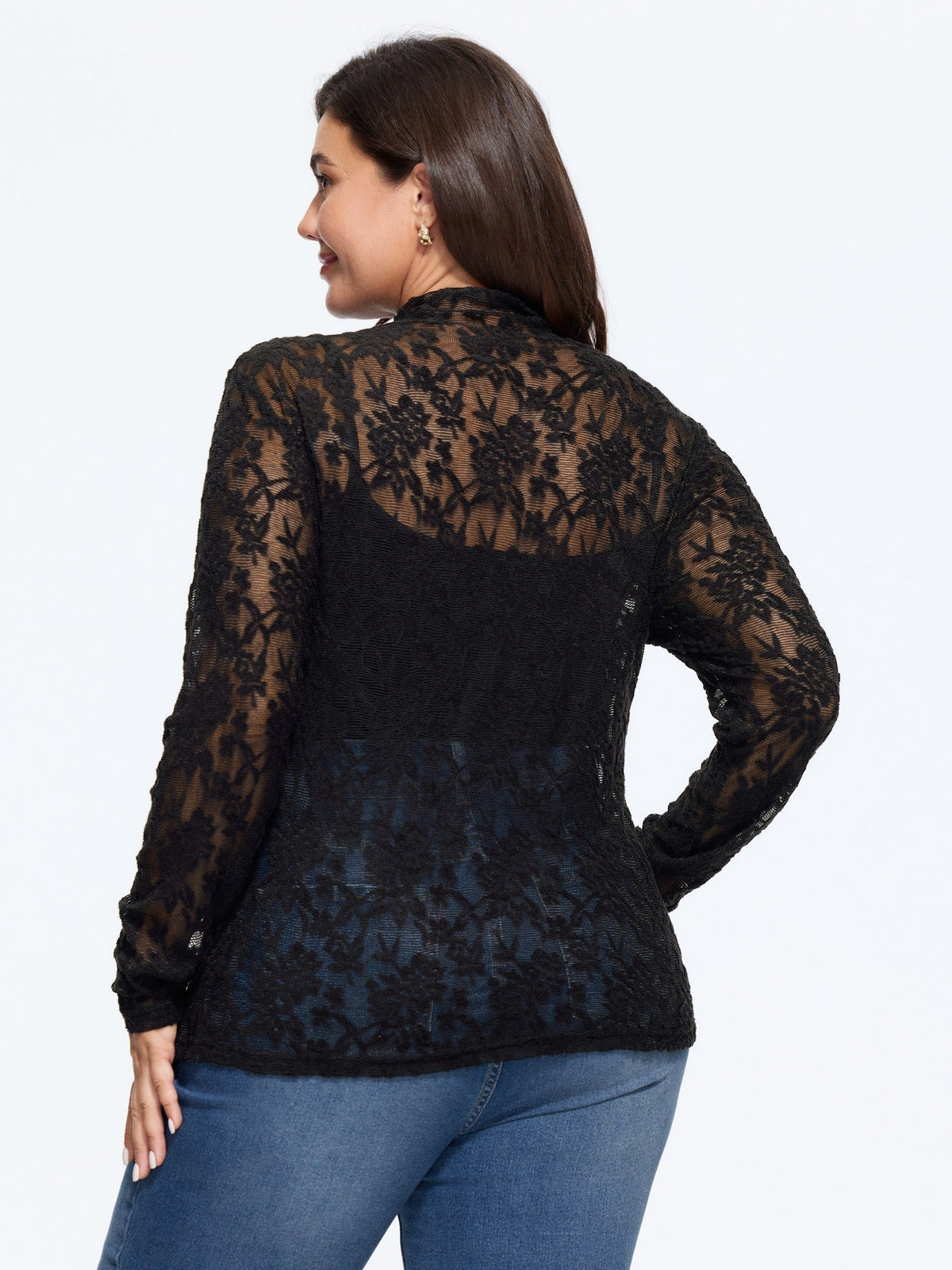 Mock Neck Floral Sheer Lace Mesh Top
