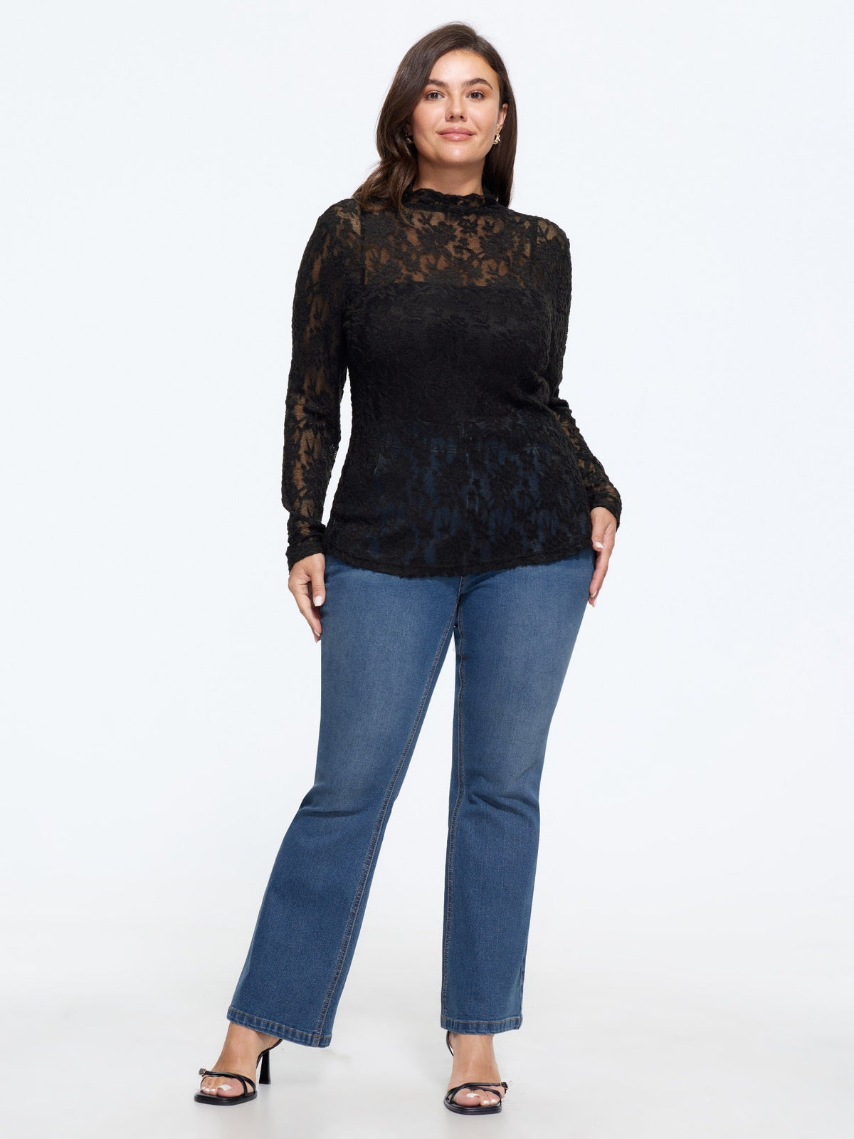 Mock Neck Floral Sheer Lace Mesh Top