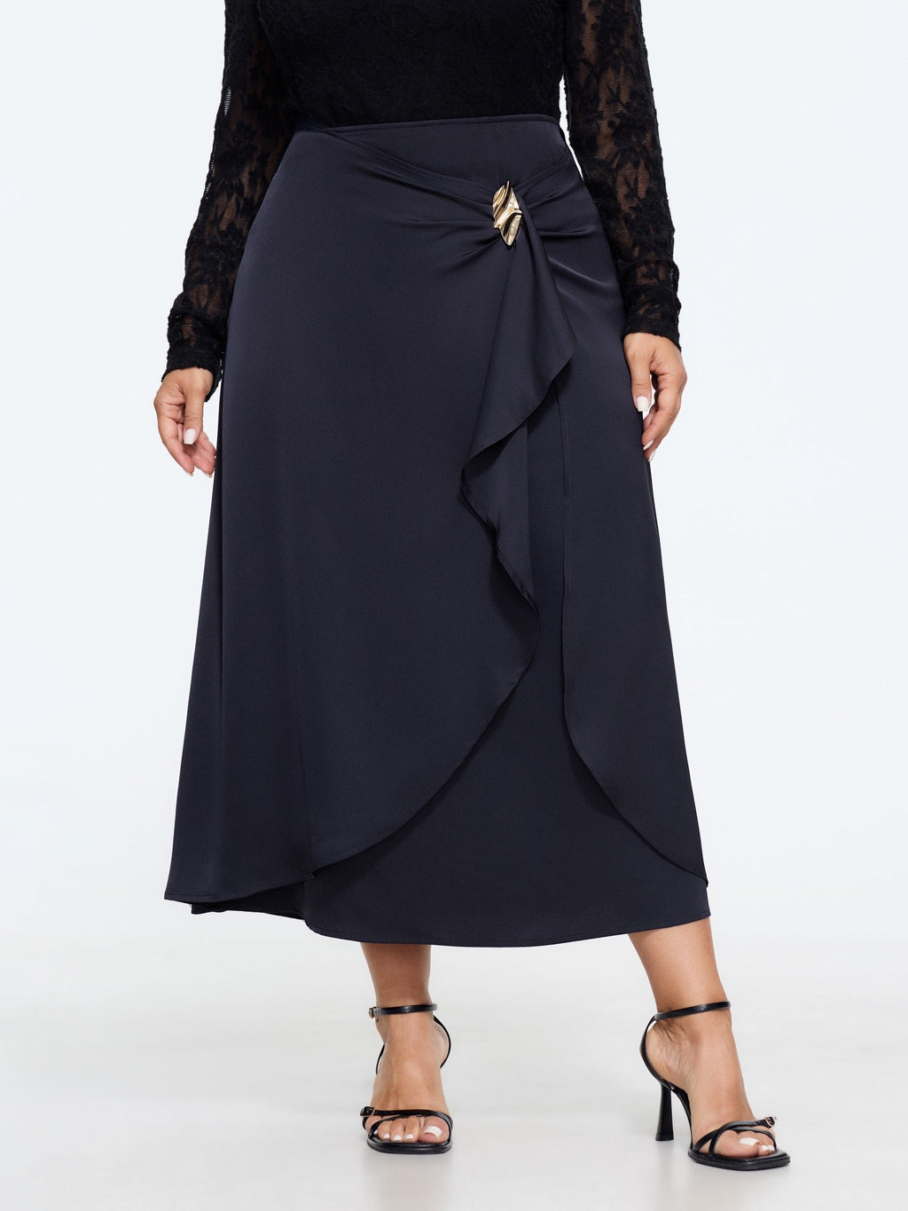 Satin Ruffle Hem Twisted Waist Flowy Skirt