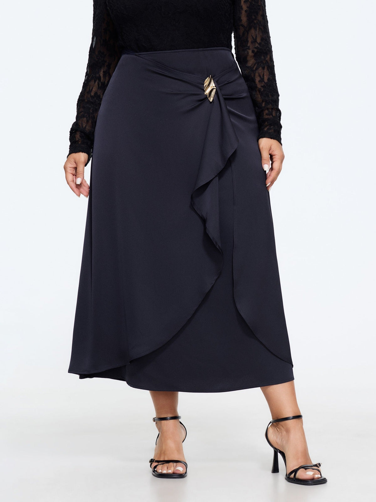 Satin Ruffle Hem Twisted Waist Flowy Skirt