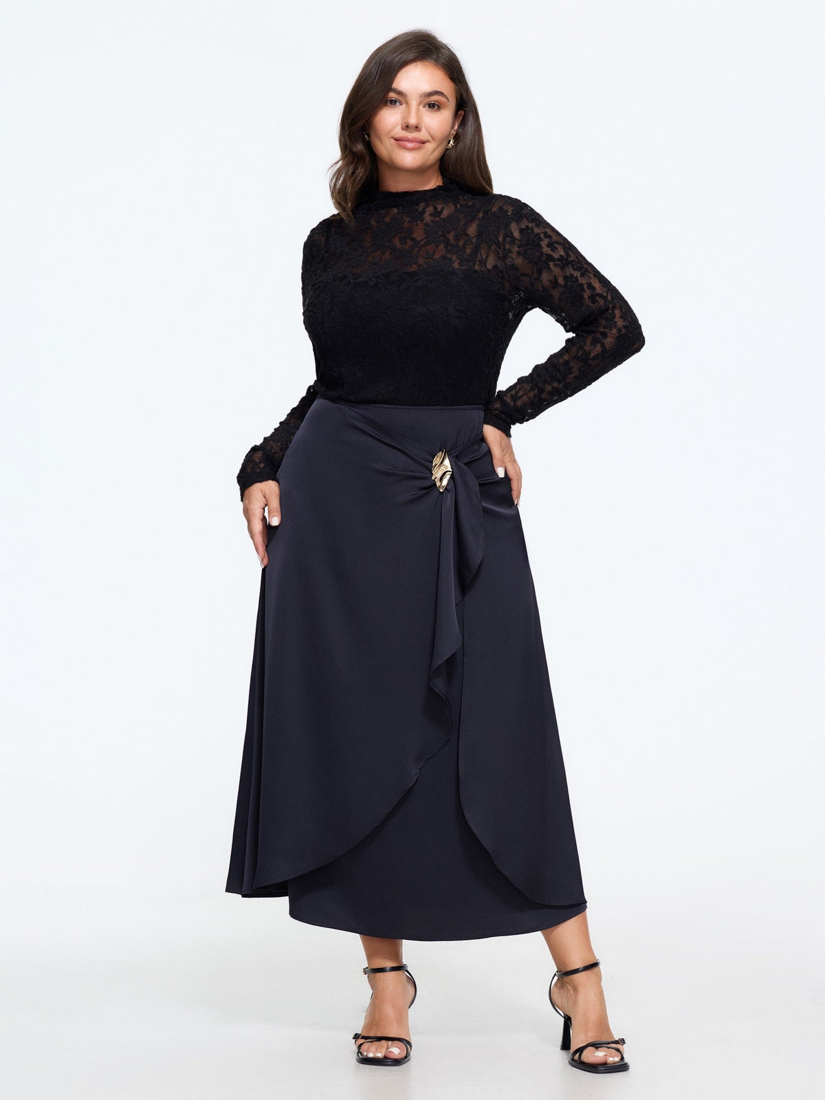 Satin Ruffle Hem Twisted Waist Flowy Skirt