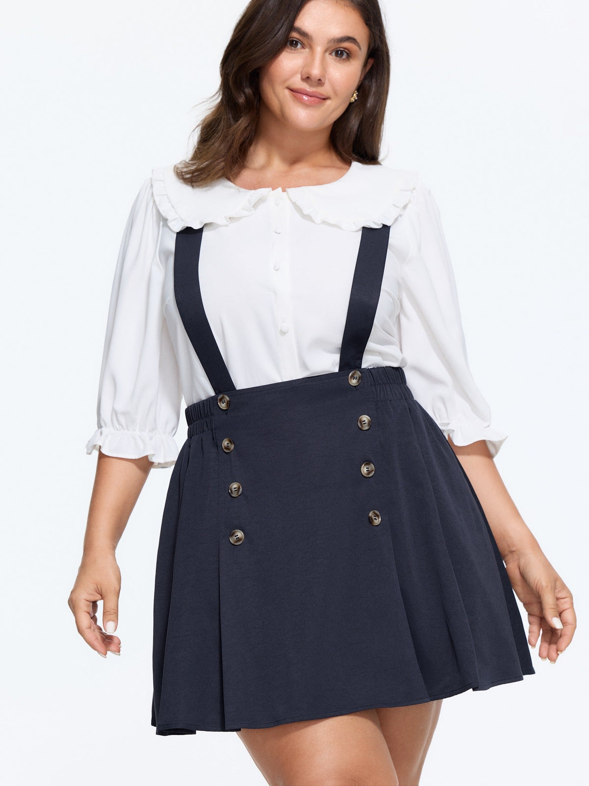 Button Detail Pleated Suspender Mini Skirt