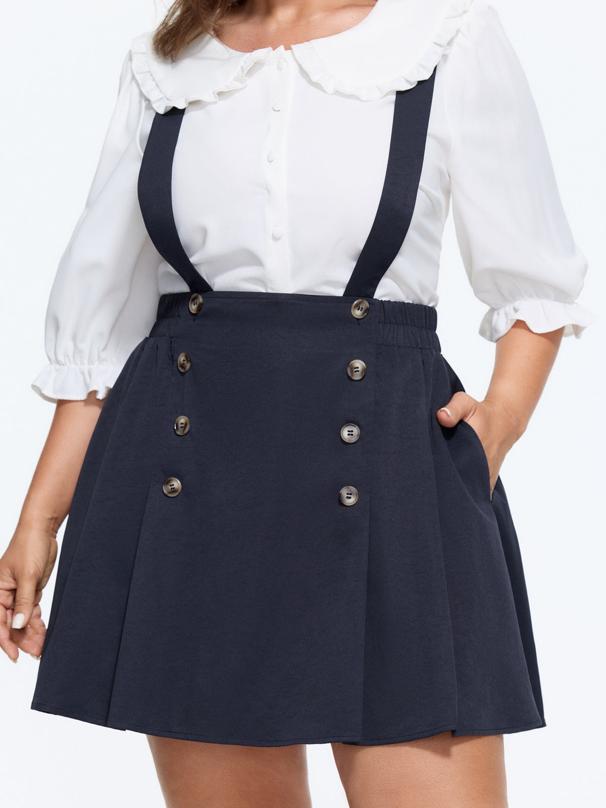 Button Detail Pleated Suspender Mini Skirt
