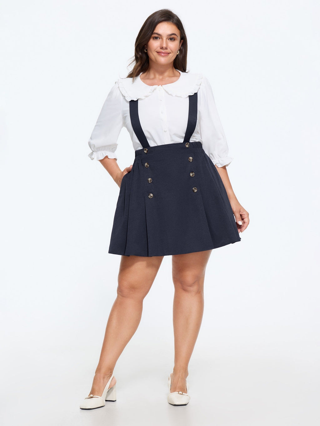Button Detail Pleated Suspender Mini Skirt