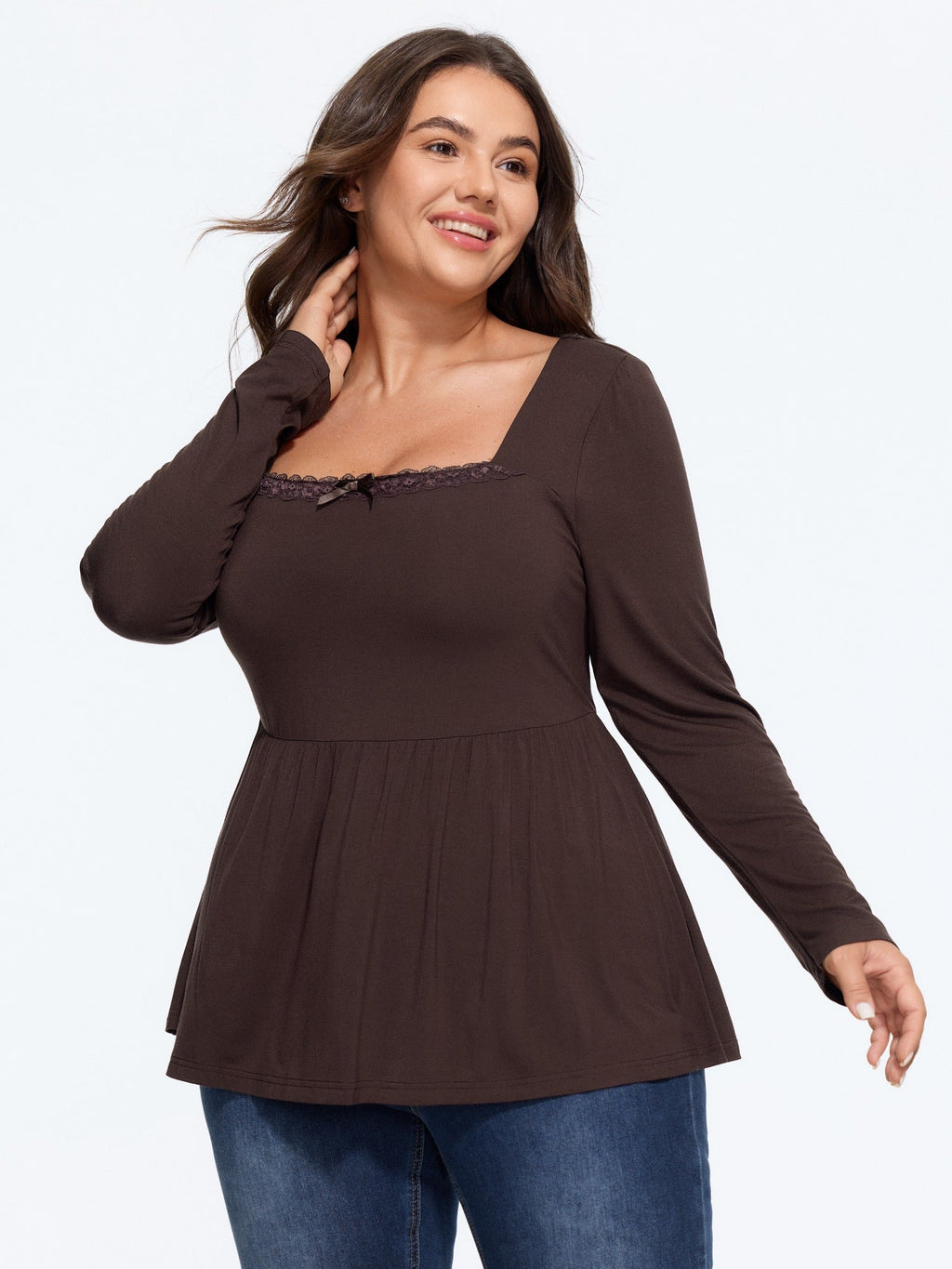 Supersoft Square Neck Lace Trim Bow Detail Blouse