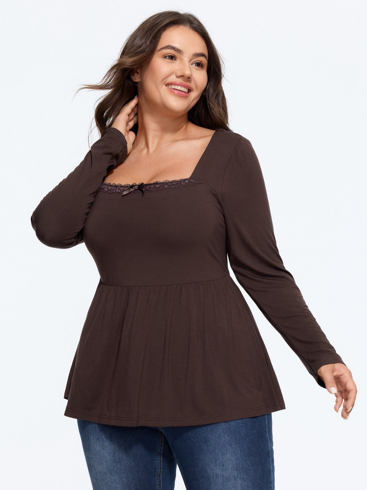 Supersoft Square Neck Lace Trim Bow Detail Blouse