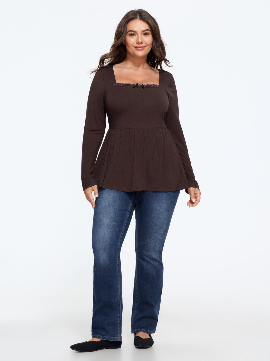 Supersoft Square Neck Lace Trim Bow Detail Blouse