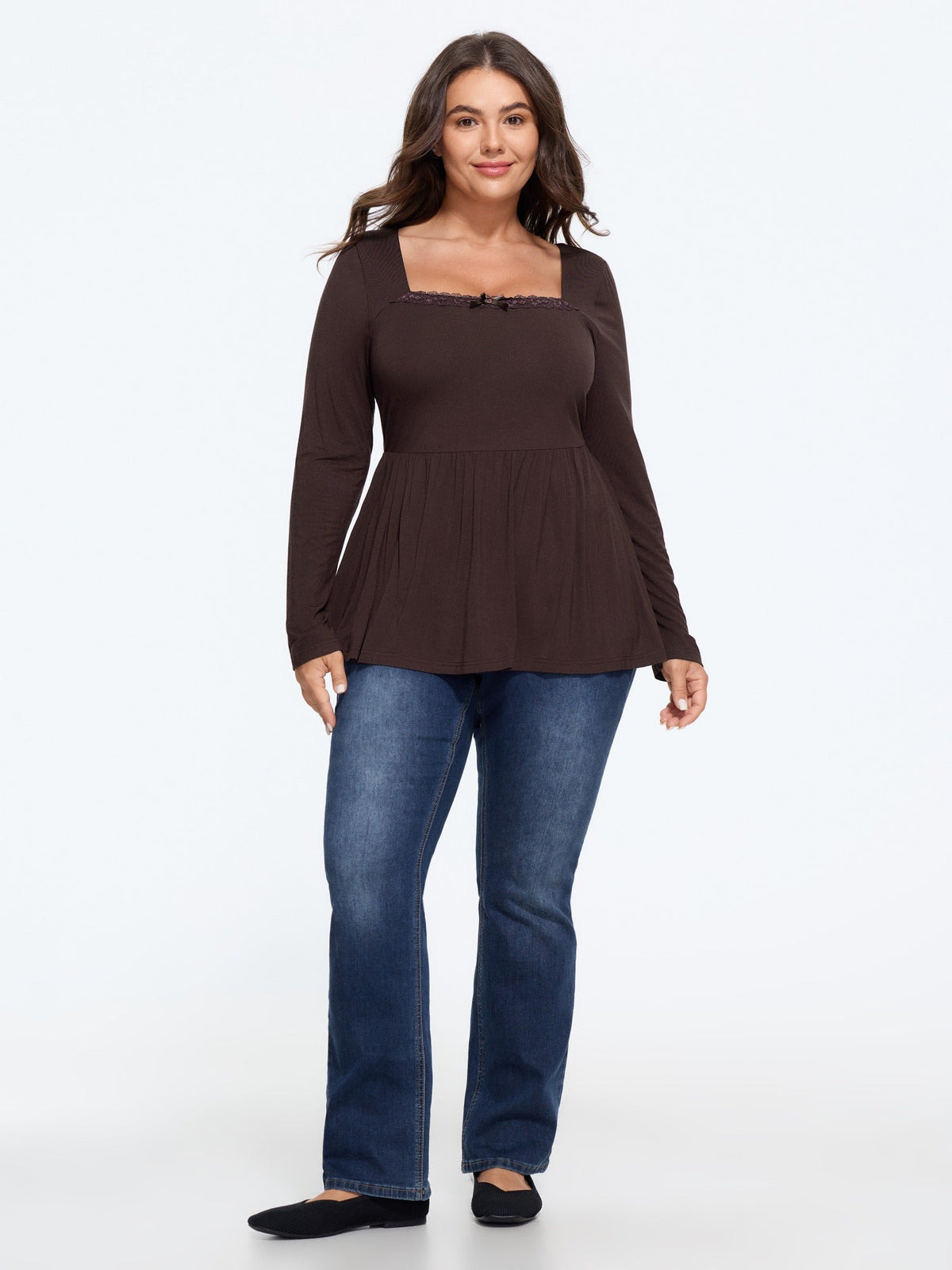 Supersoft Square Neck Lace Trim Bow Detail Blouse
