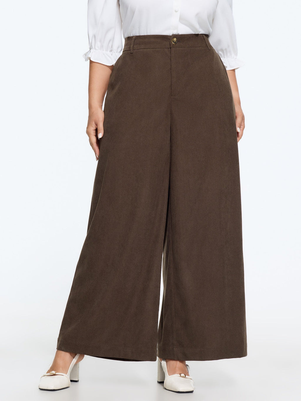 Stretch Button Corduroy Wide Leg Pants