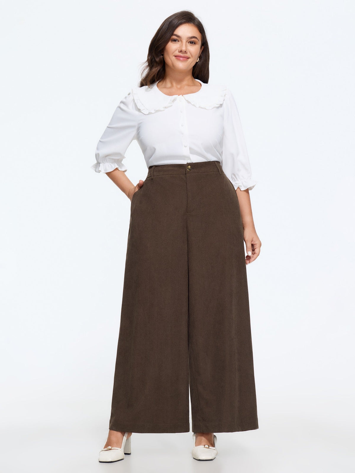 Stretch Button Corduroy Wide Leg Pants