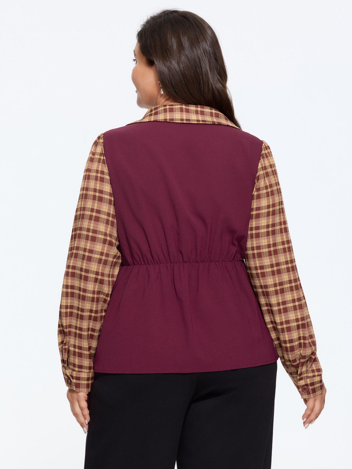 Plaid Collar Pleated Peplum Hem Blouse
