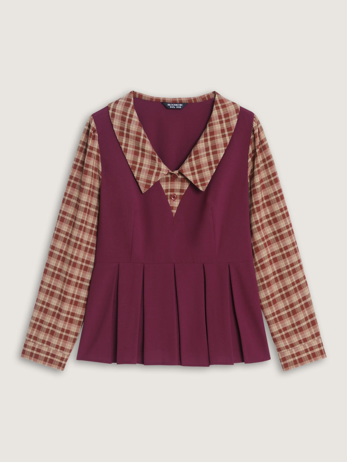 Plaid Collar Pleated Peplum Hem Blouse
