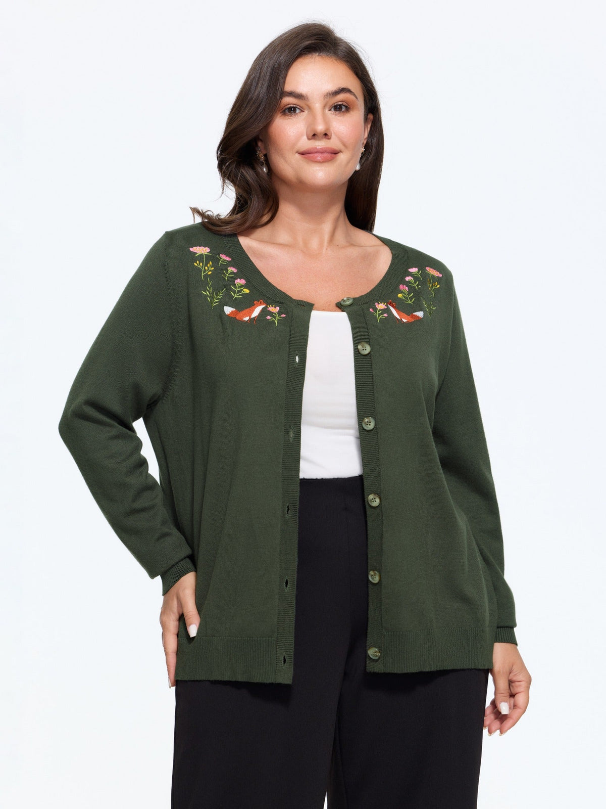 Round Neck Fox & Floral Embroidery Button Down Cardigan