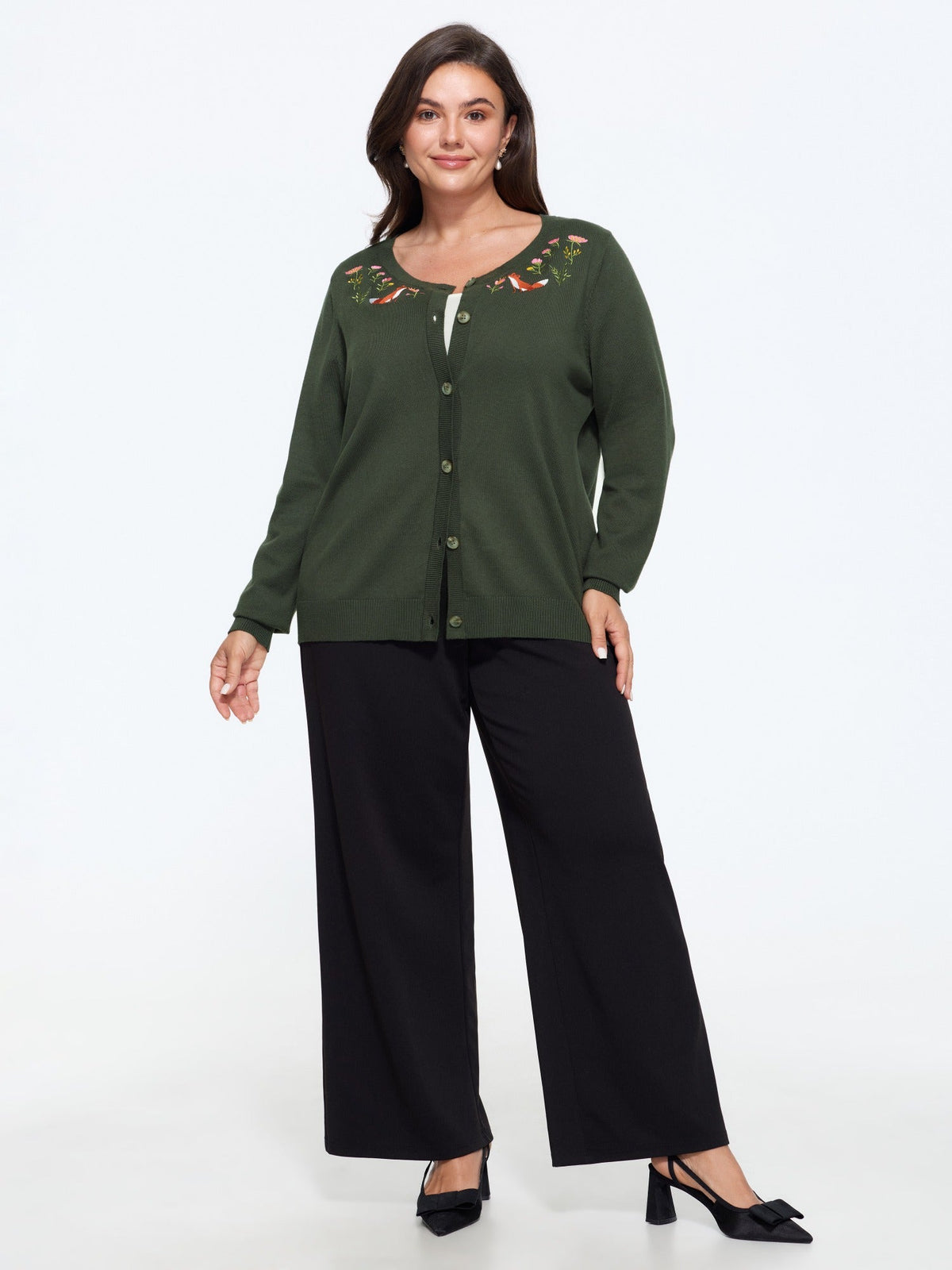 Round Neck Fox & Floral Embroidery Button Down Cardigan