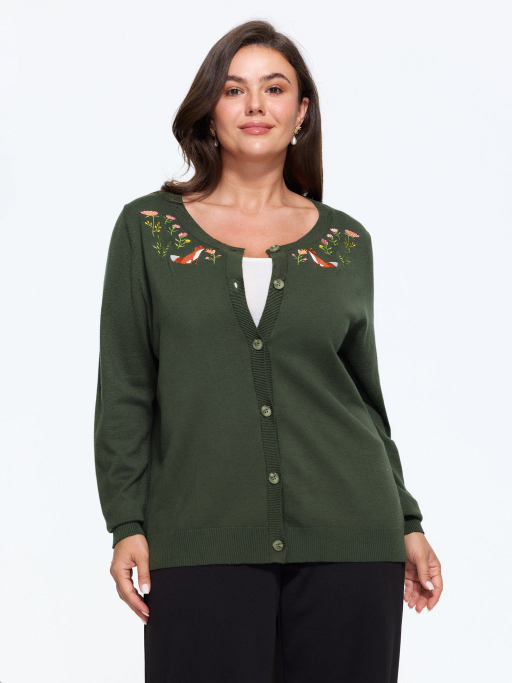 Round Neck Fox & Floral Embroidery Button Down Cardigan