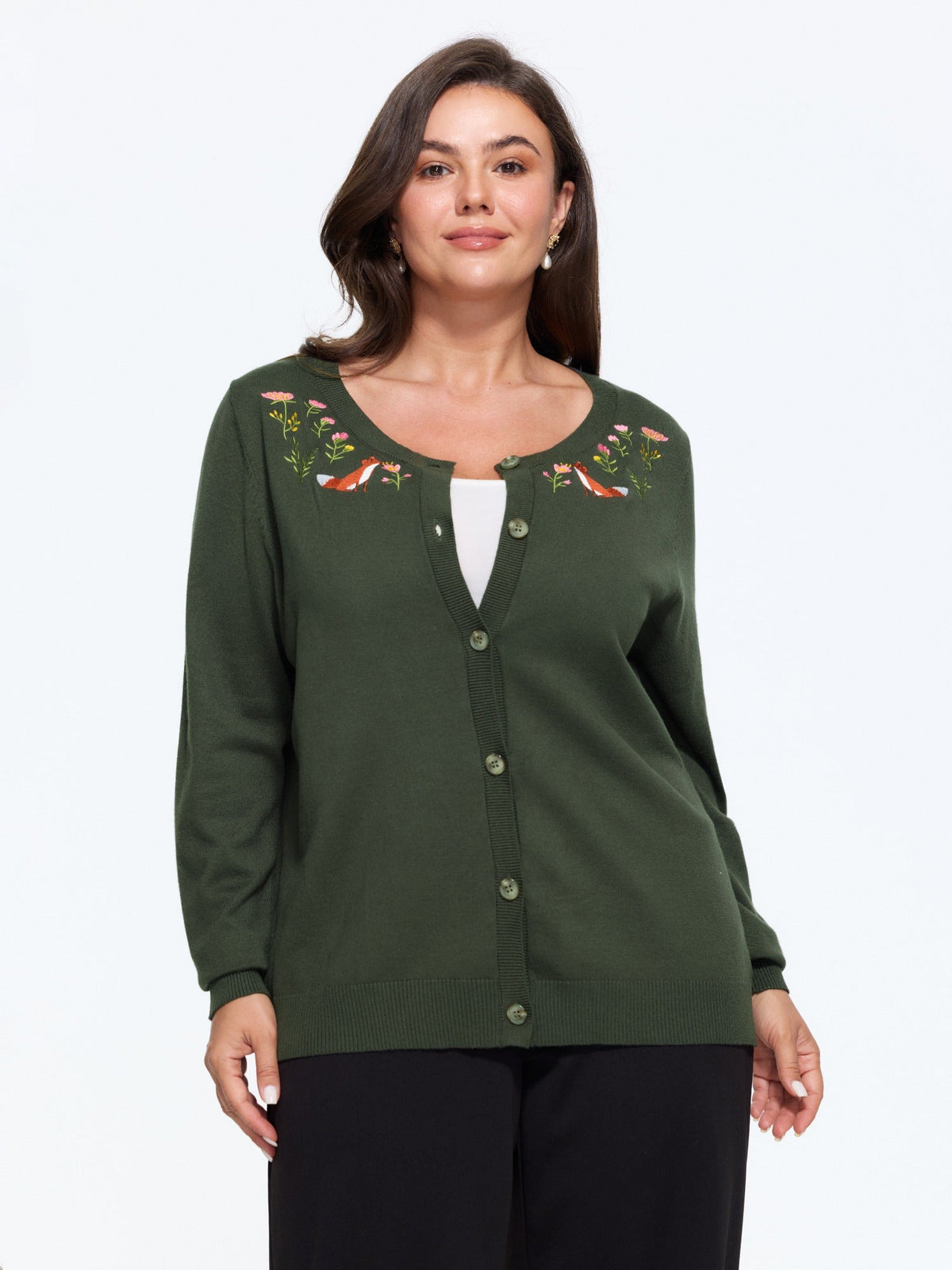 Round Neck Fox & Floral Embroidery Button Down Cardigan