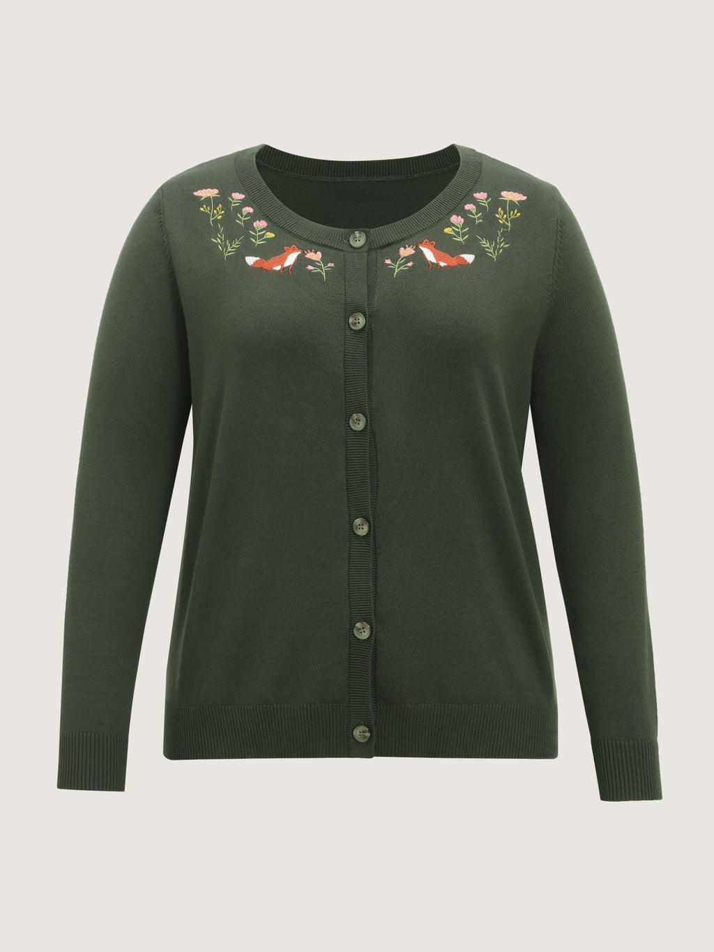 Round Neck Fox & Floral Embroidery Button Down Cardigan