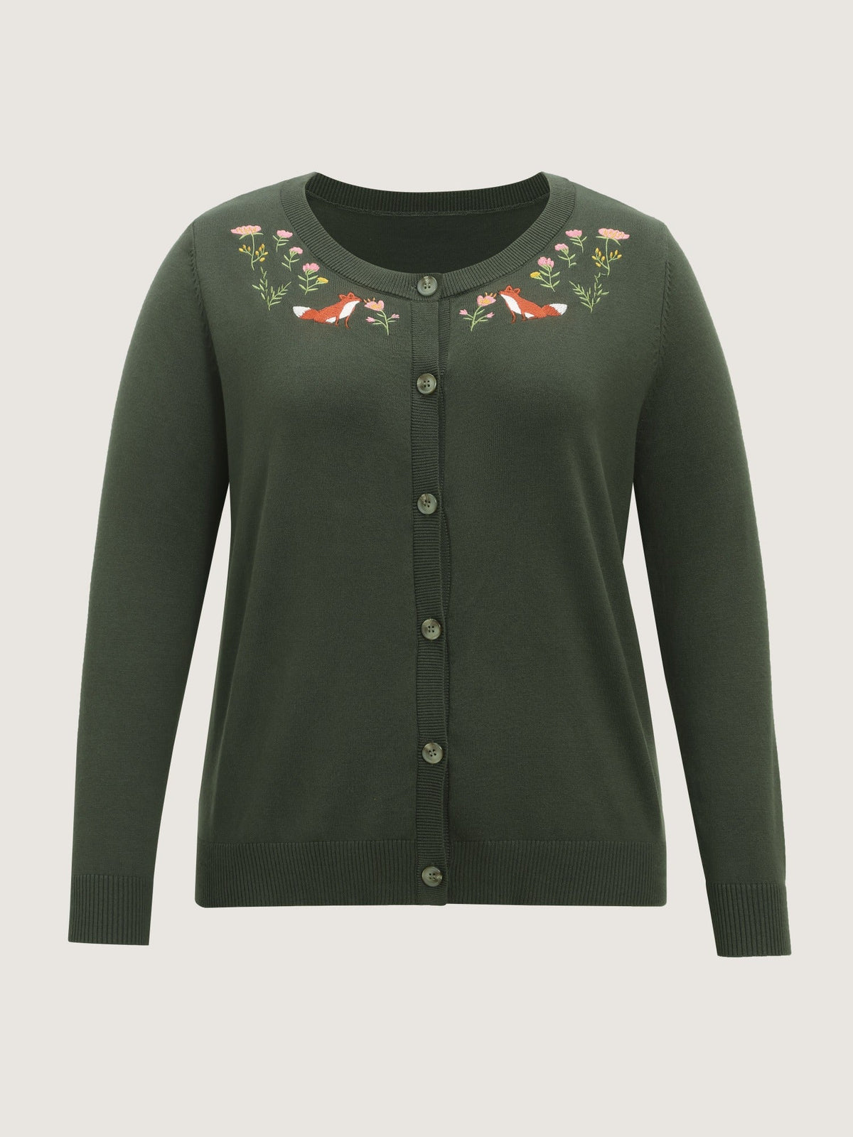 Round Neck Fox & Floral Embroidery Button Down Cardigan