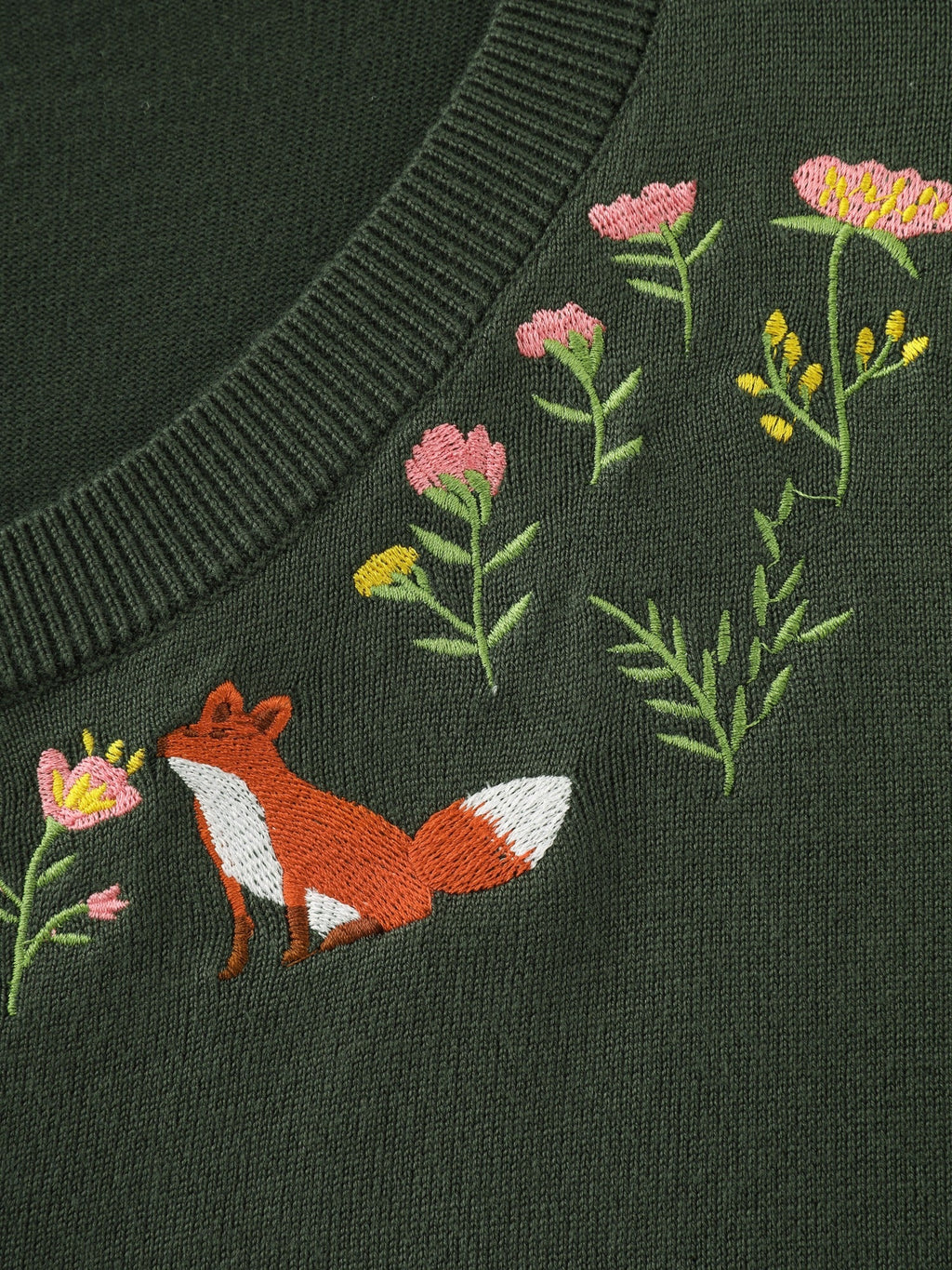 Round Neck Fox & Floral Embroidery Button Down Cardigan