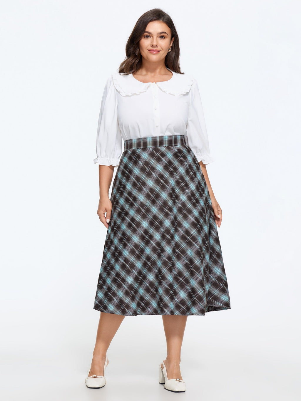 Checkered A‑Line Midi Skirt