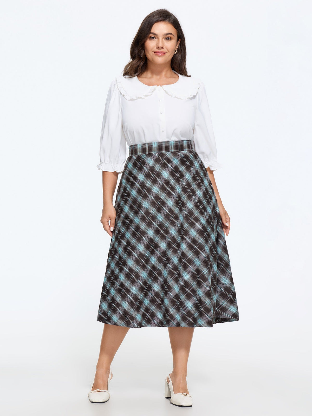 Checkered A‑Line Midi Skirt