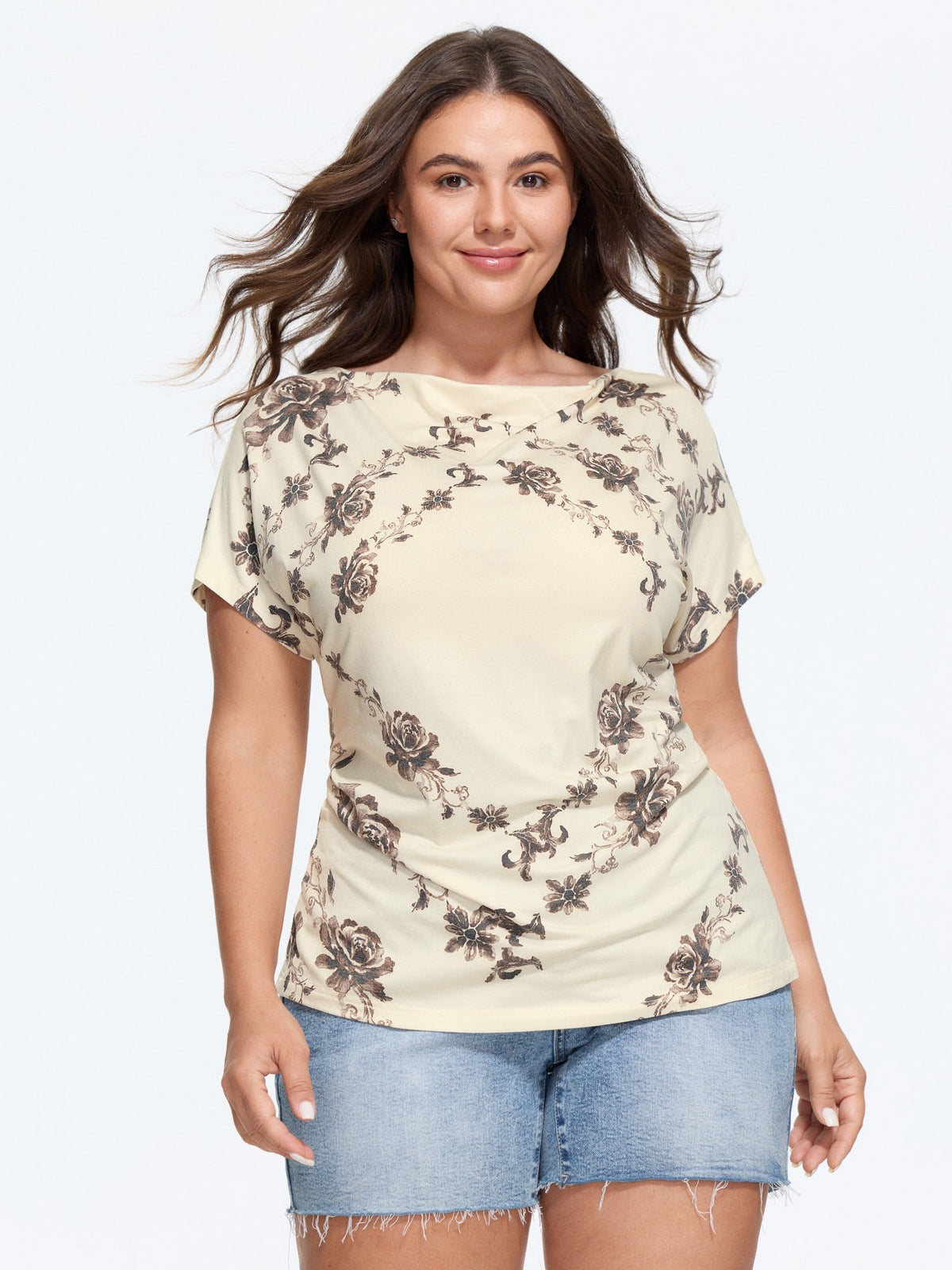 Supersoft Vintage Rose Floral Print Draped Neck T‑Shirt