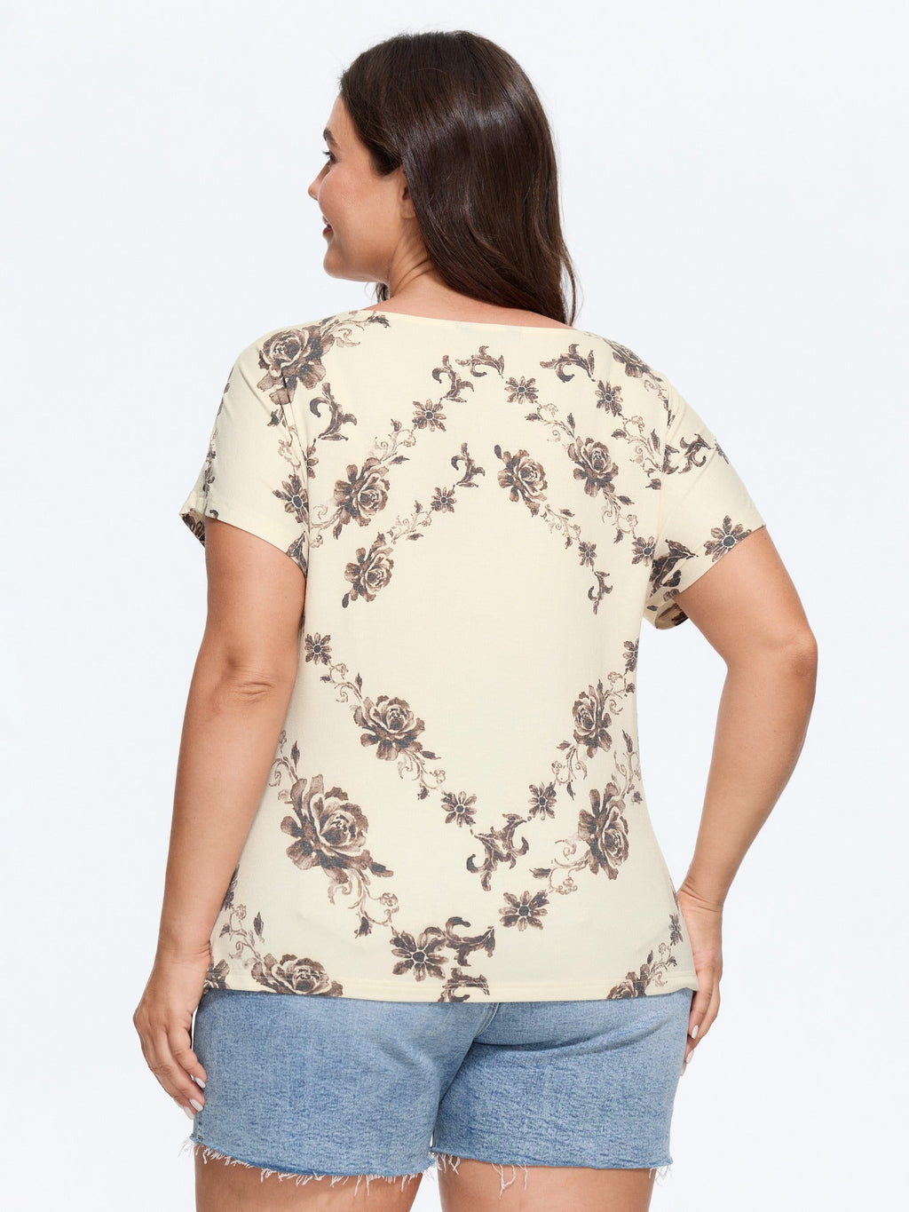 Supersoft Vintage Rose Floral Print Draped Neck T‑Shirt