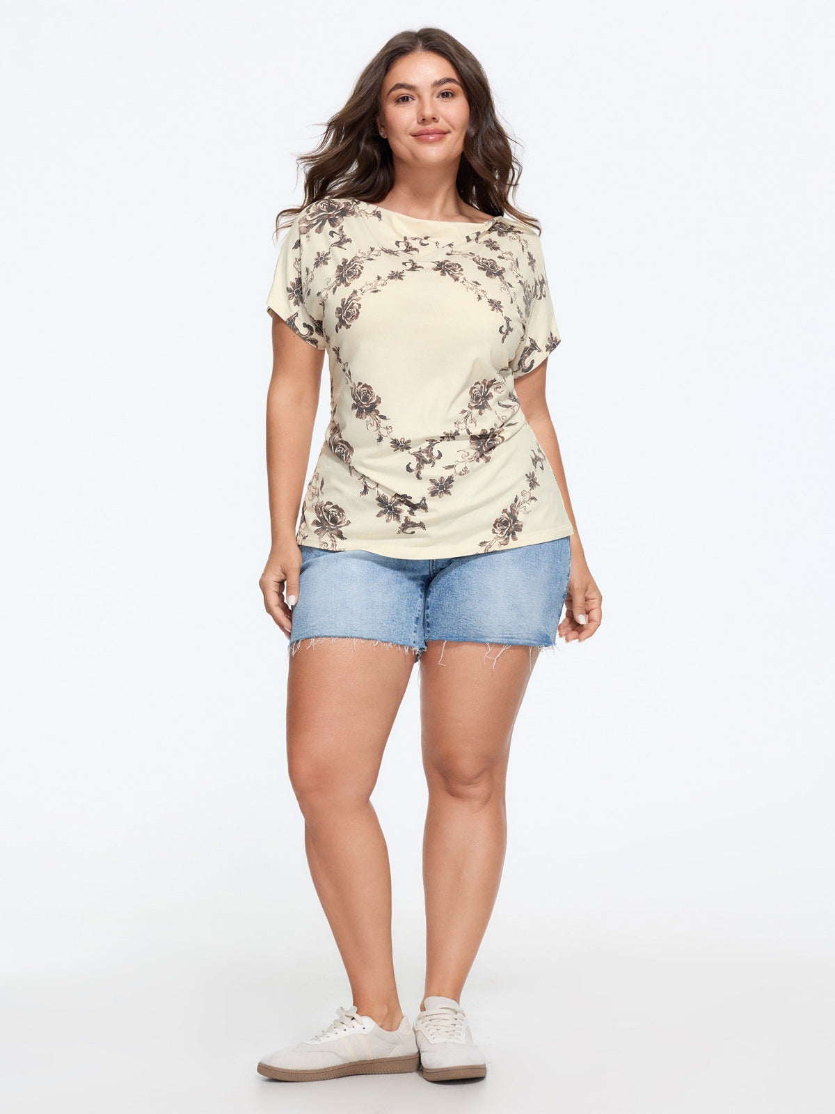 Supersoft Vintage Rose Floral Print Draped Neck T‑Shirt