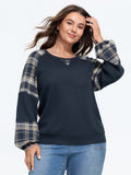 Plaid Splice Raglan Sleeve Waffle Knit Sweatshirt