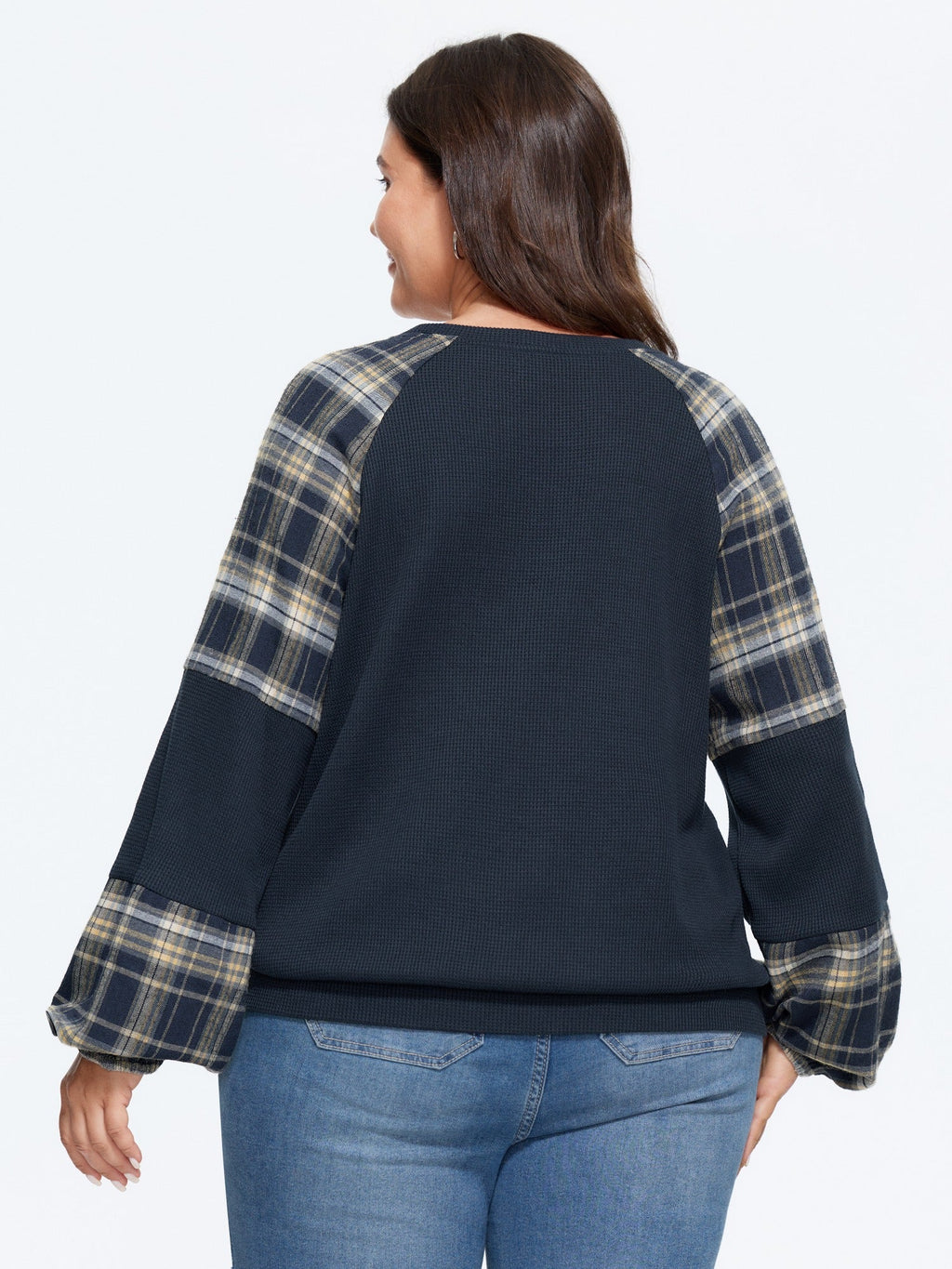 Plaid Splice Raglan Sleeve Waffle Knit Sweatshirt