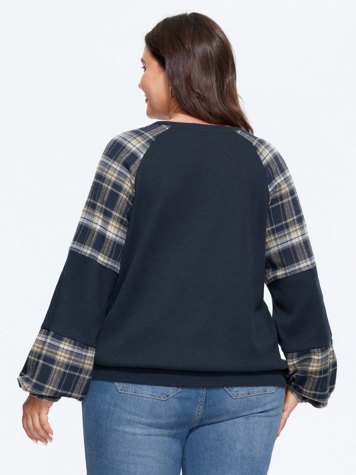 Plaid Splice Raglan Sleeve Waffle Knit Sweatshirt
