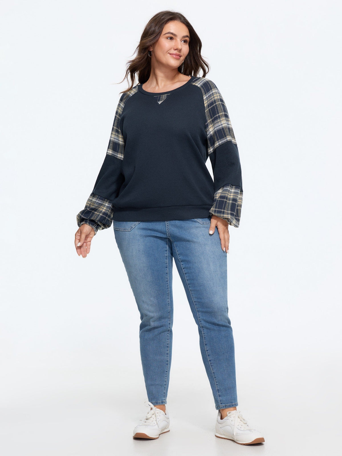 Plaid Splice Raglan Sleeve Waffle Knit Sweatshirt