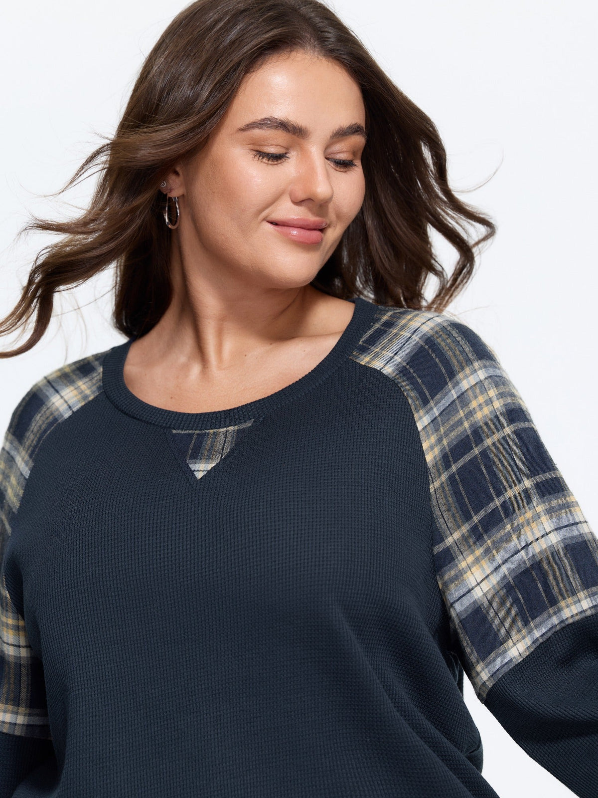 Plaid Splice Raglan Sleeve Waffle Knit Sweatshirt