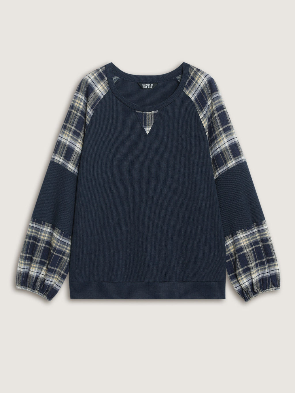 Plaid Splice Raglan Sleeve Waffle Knit Sweatshirt