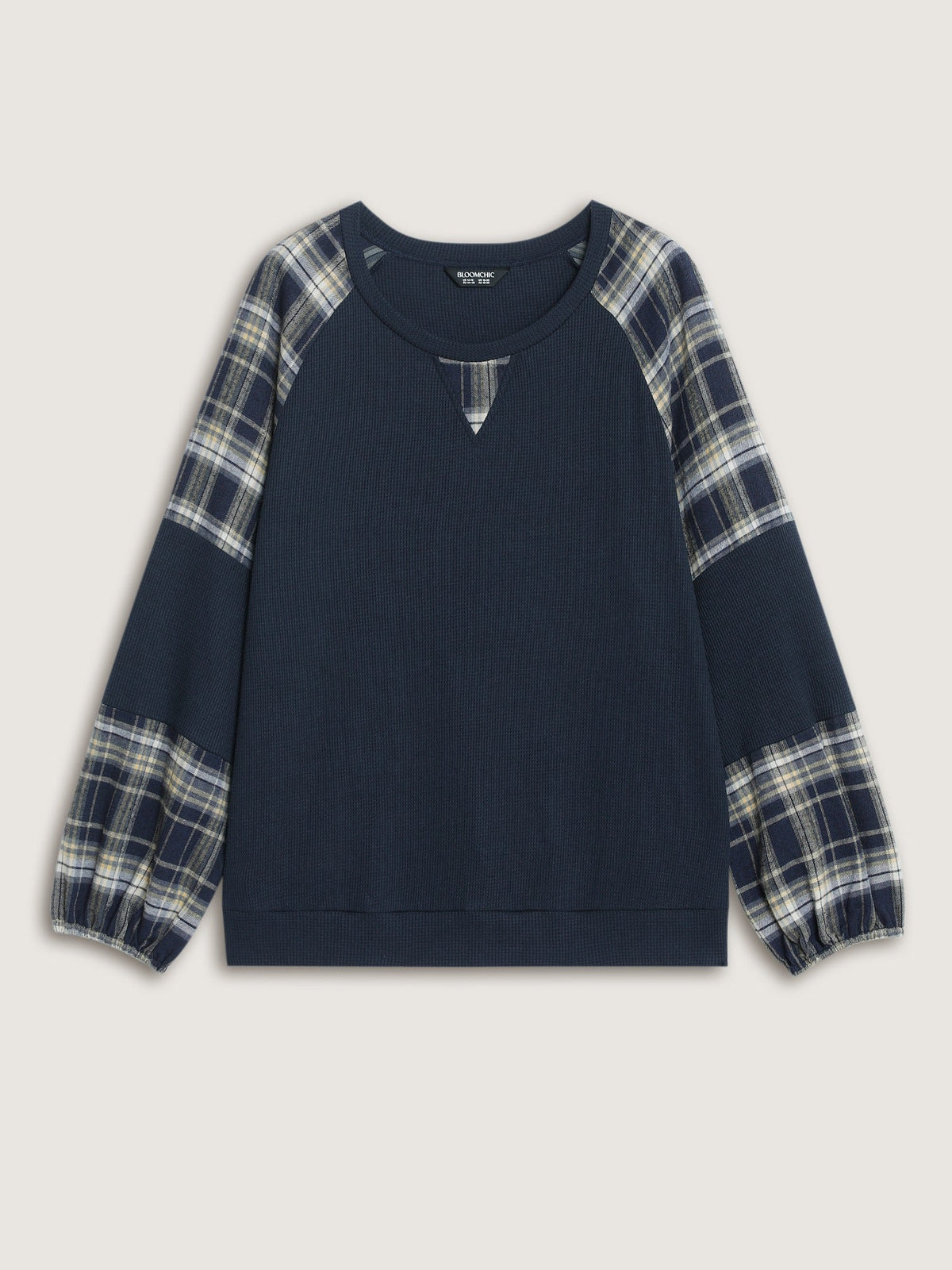 Plaid Splice Raglan Sleeve Waffle Knit Sweatshirt
