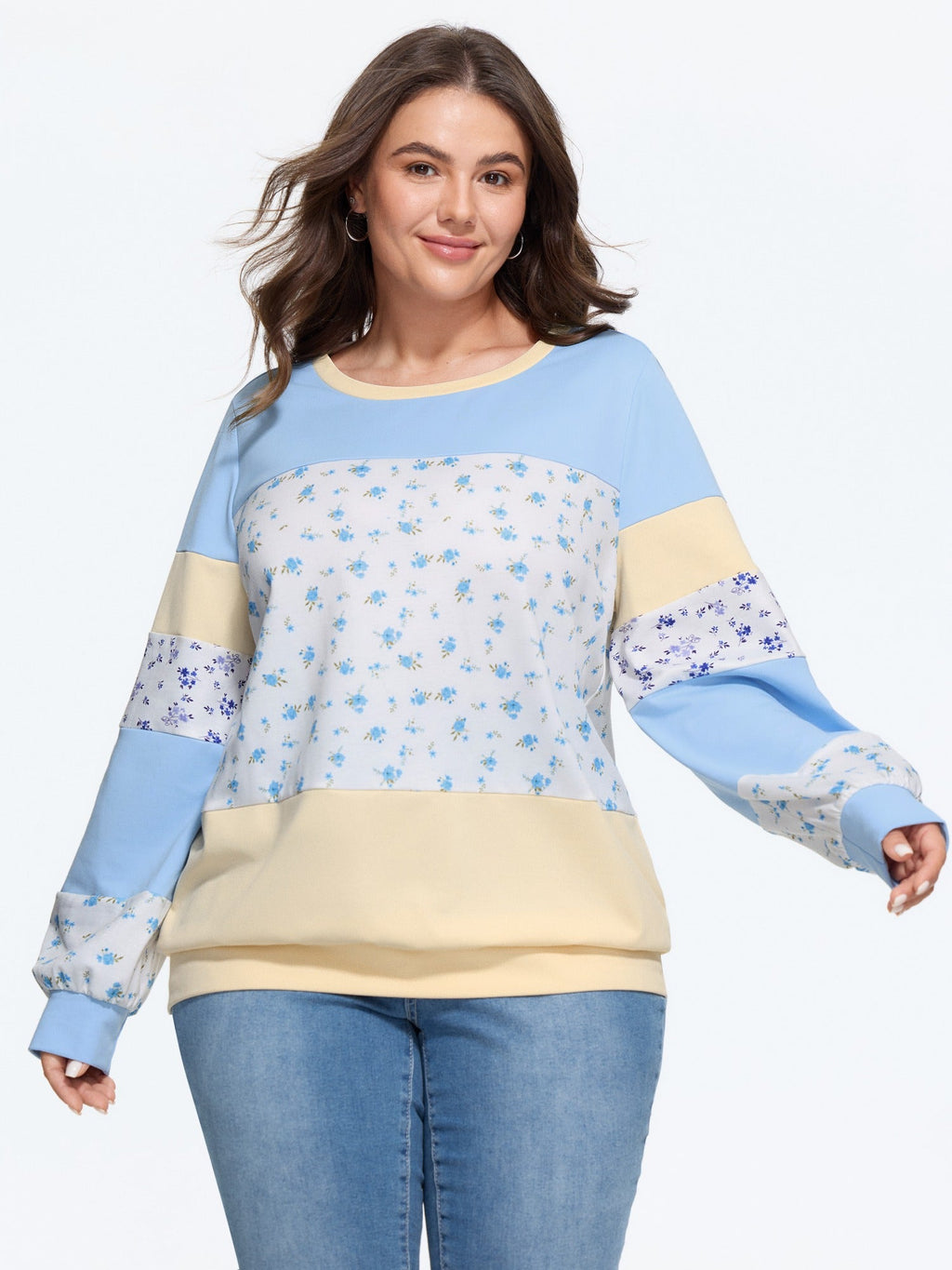 Ditsy Floral Patchwork Color Block Sweatshirt