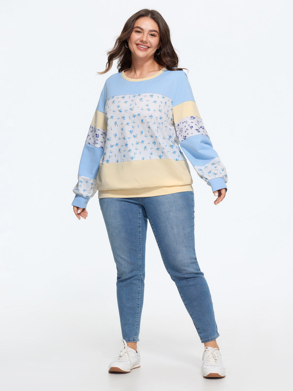 Ditsy Floral Patchwork Color Block Sweatshirt