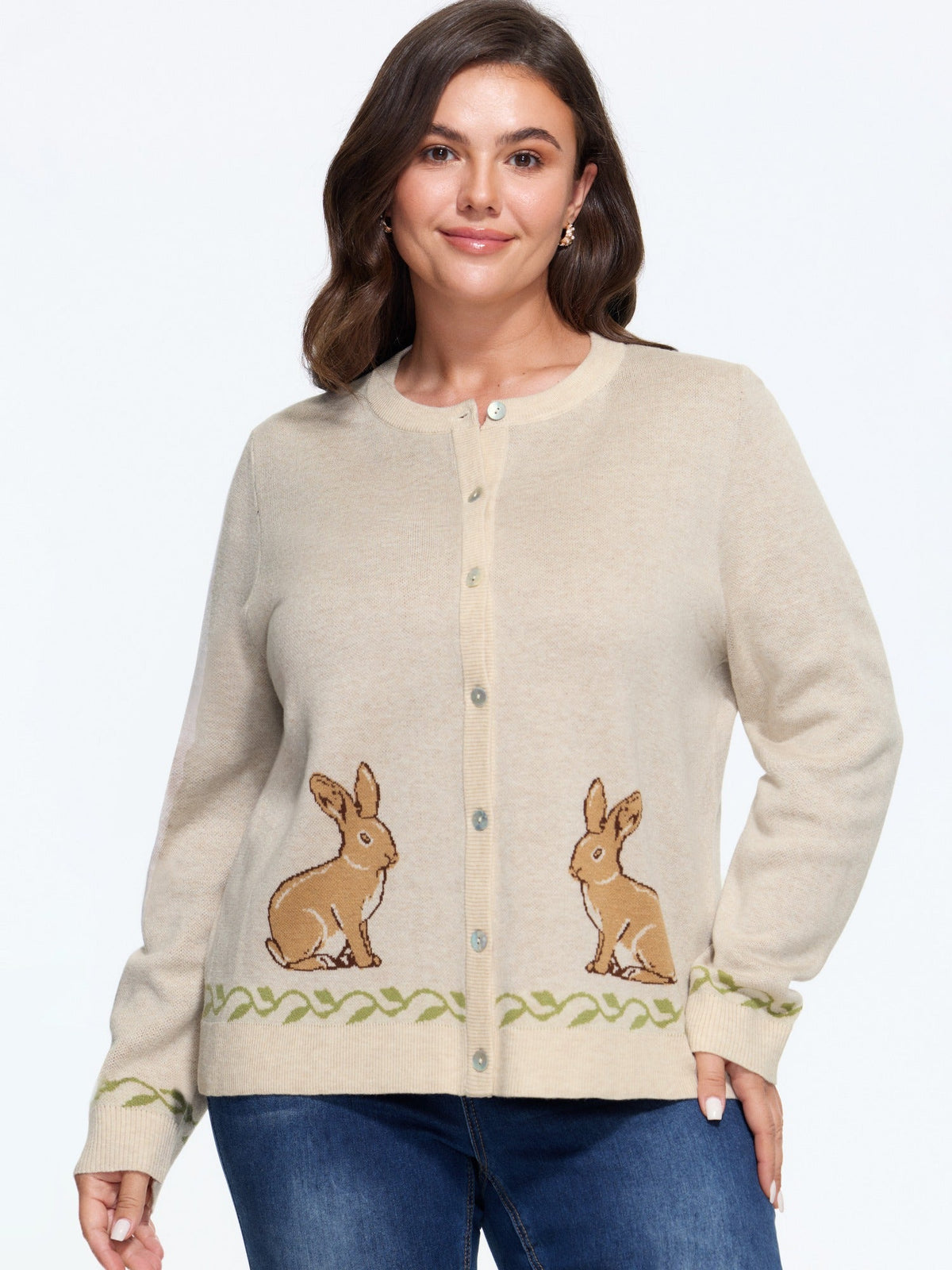 Rabbit Jacquard Round Neck Button Down Cardigan
